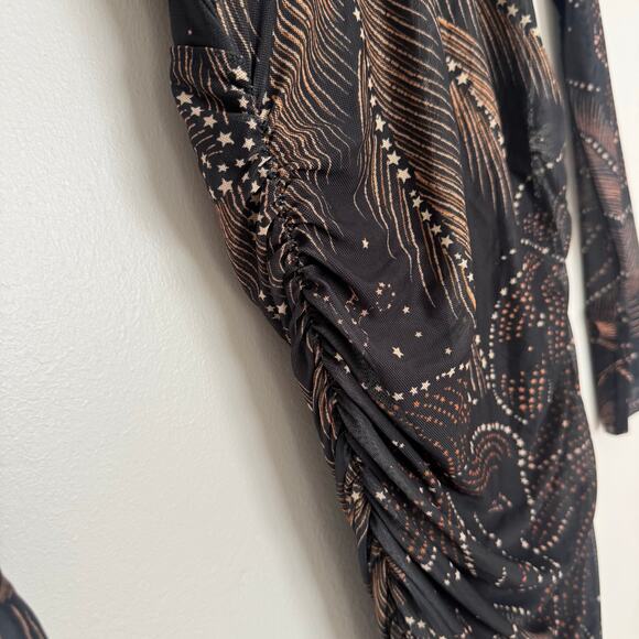 Farm Rio Black Golden Foliage Tulle Midi Dress - Picture 5 of 8